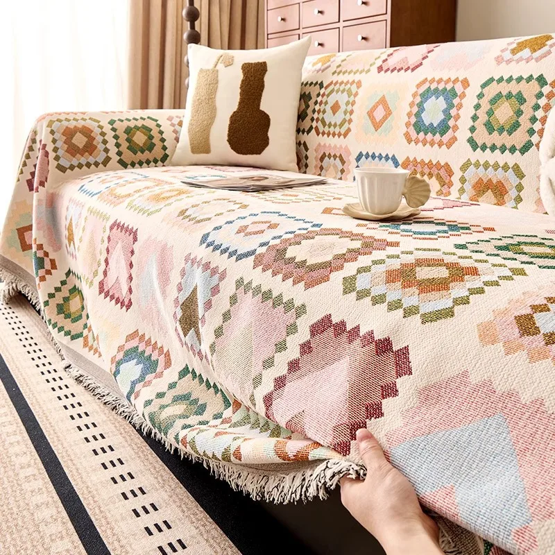 Chenille Bohemian Sofa Cover Retro Ink Painting Tassel Edge Breathable Wear-resistant All Season Washable Sofa Throw Blanket