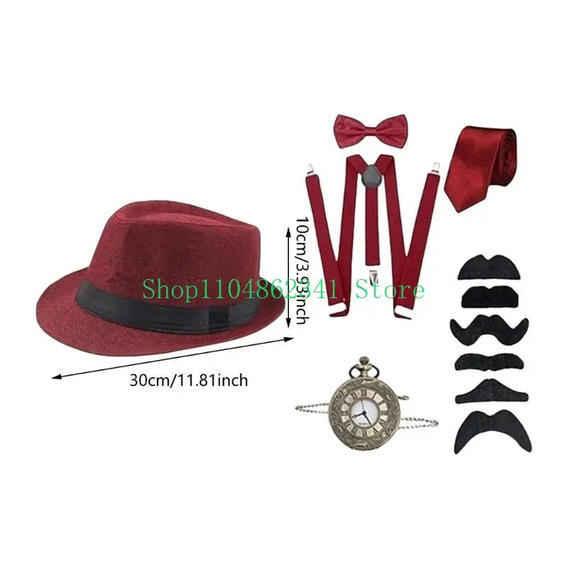 Costume da uomo anni '20 Cappello Fedora Bretelle Papillon, Bretelle Baffi Barba Set di accessori per costumi cosplay di Halloween