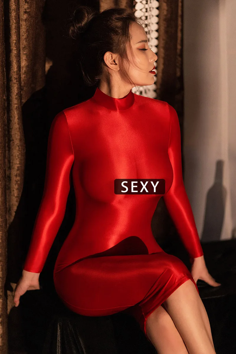 New Sexy Women see through Dress Glossy Stretch Shiny Smooth Tight long sleeves Skirt buttocks nightdress