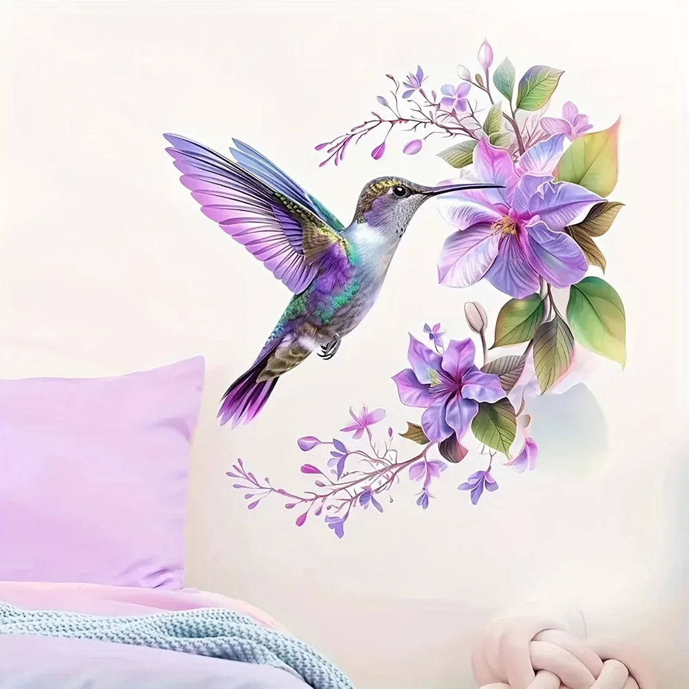 1 Purple Flower and Hummingbird Sticker, Removable Self-Adhesive Wall Decal, Suitable for Room Bedroom Wall Background Stickers view 2
