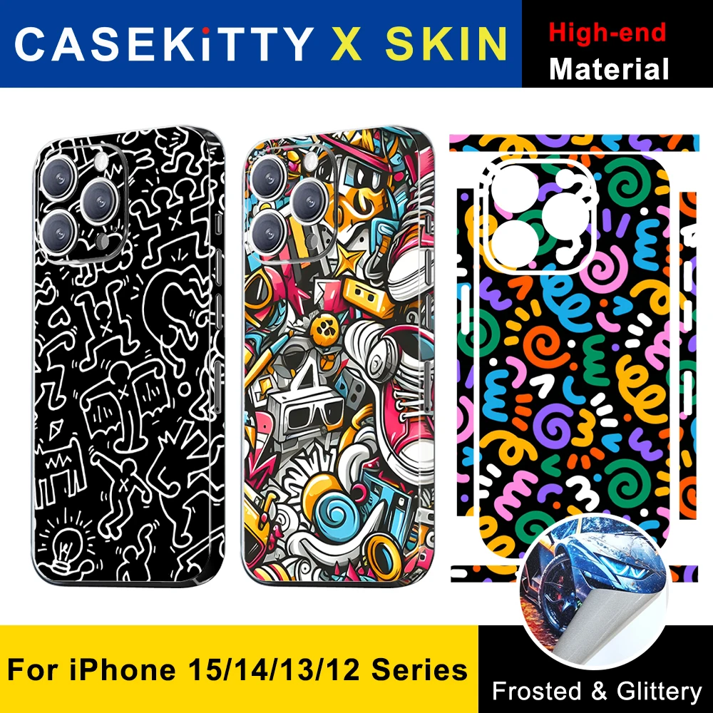 CASEKiTTY Skin Wrap Sticker Back Film For iPhone 15 Pro Max 14 Plus 12 13 Mini Protective Decal Graffiti Frame Screen Protector