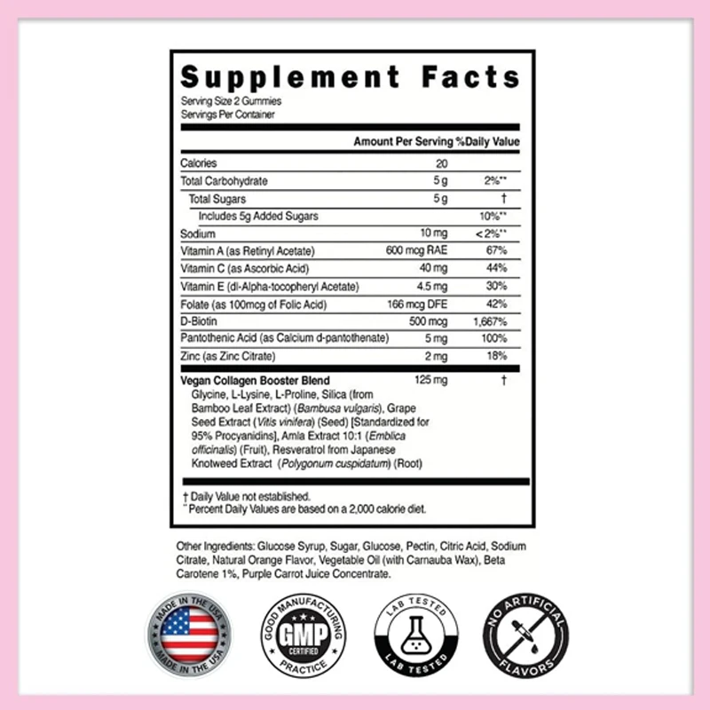 Vegetarian collagen gummies, plant-based collagen containing vitamins A, C, and E - collagen boosters suitable for skin and hair