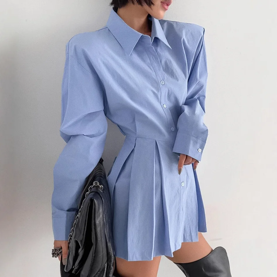 

2025 New Arrival Long-Sleeve Tie-Front Cotton Shirt European and American Style Elegant Fashion Design Blue White Crop Top