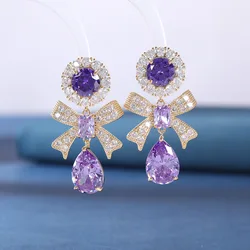 French Sweet Purple Crystal Zircon Bowknot Geometric Mosquito Coil Clip on Earrings Without Pierced Earrings for Women Party