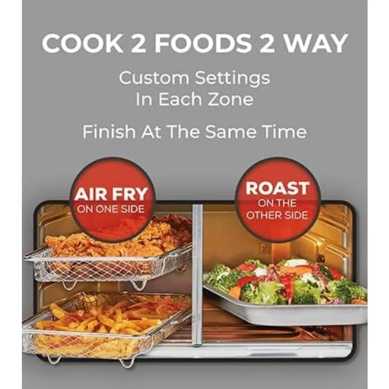 مجموعة فرن مقلاة هوائية Emeril Lagasse Dual Zone 360 مع باب فرنسي، 25 كيو تي كبيرة جدًا، طهي طعامين بطريقتين مختلفة