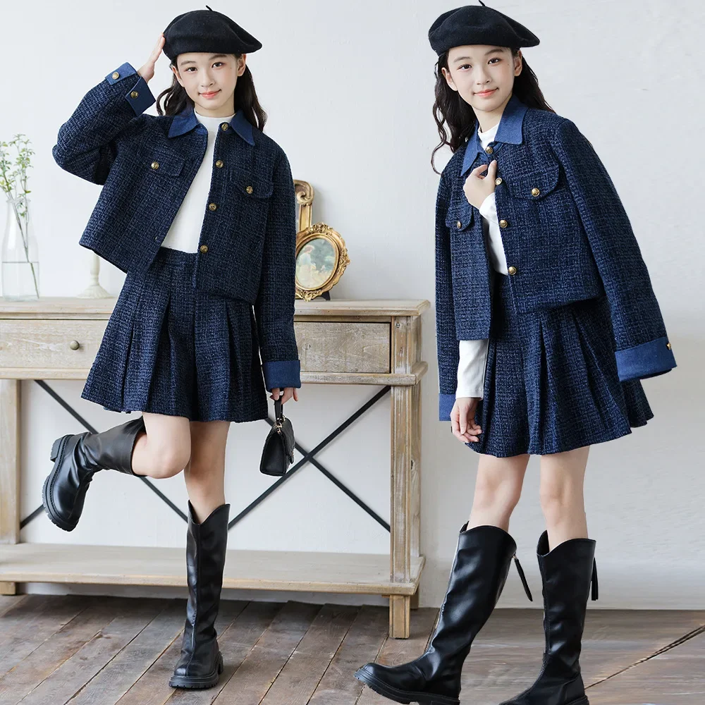 Girls Outfit Spring Stylish Elegant Plaid Blazer Pleated Two-Piece Kids Birthday Princess Set 8-14 Years Teen Girl Party Costume