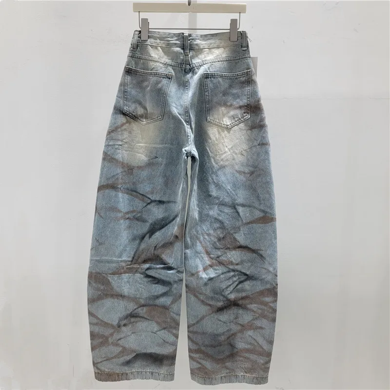 ANJY Spring Autumn New Women Washed Trend Ripped Rivet Metal Decoration Loose Jeans Tie Dye Distressed Casual Denim Pants A24670
