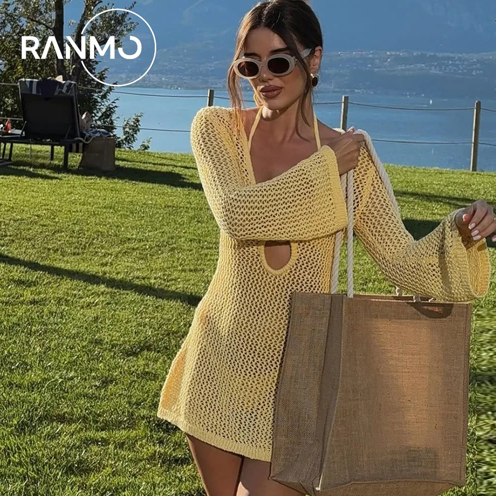 Ranmo 2026 Customized Sexy Yellow Cutout Beach Dr Long Sve Hollow out Bikini Deep V Neck  Suitable for tourist holiday beach