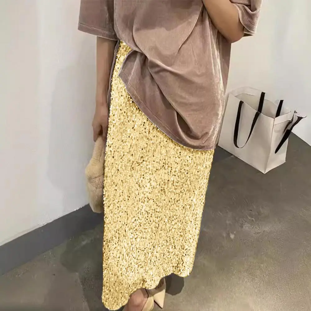 تنورة ناعمة قابلة للتنفس، تنورة طويلة أنيقة مزينة بالترتر للنساء بخصر عالٍ وتصميم بلون سادة، تنورة طويلة لتشكيل الساق