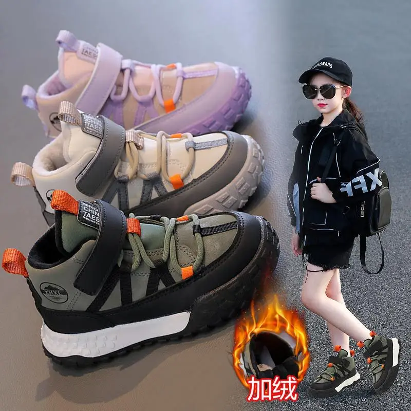 

Детская обувь с плюшевым средним верхом, спортивная обувь, зимняя новинка для мальчиков и девочек, повседневная обувь из двух хлопка на мягкой подошве