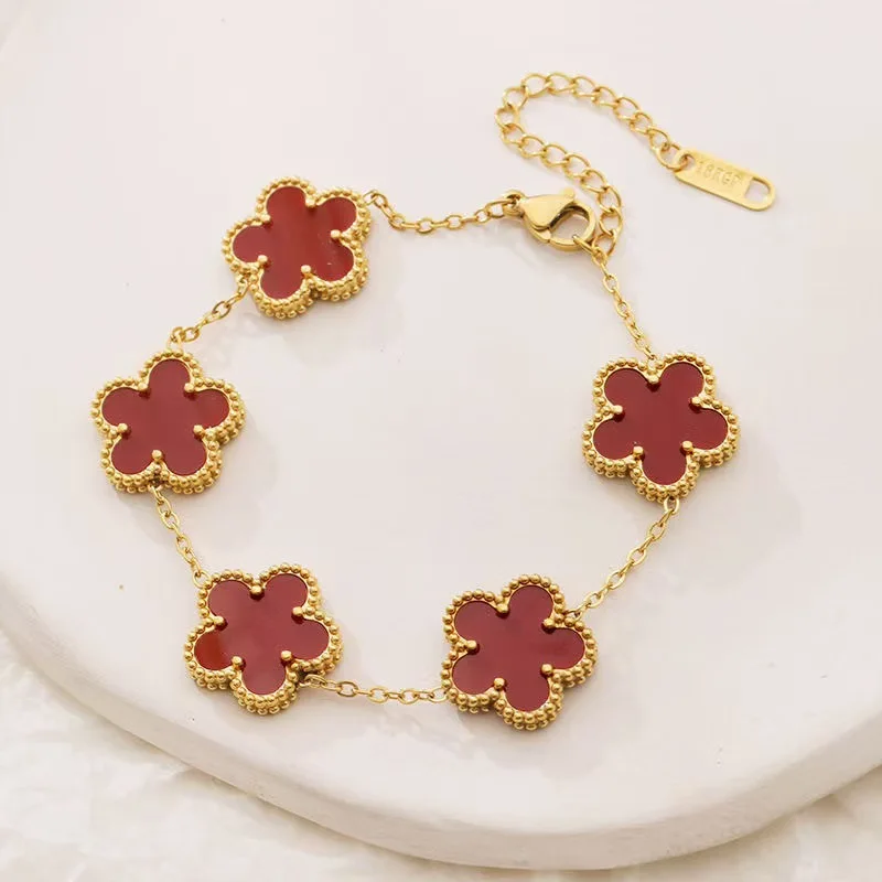 1 piece gold chain four leaf flower bracelet and necklace, in white, black, green, and red colors respectively, suitable for wom