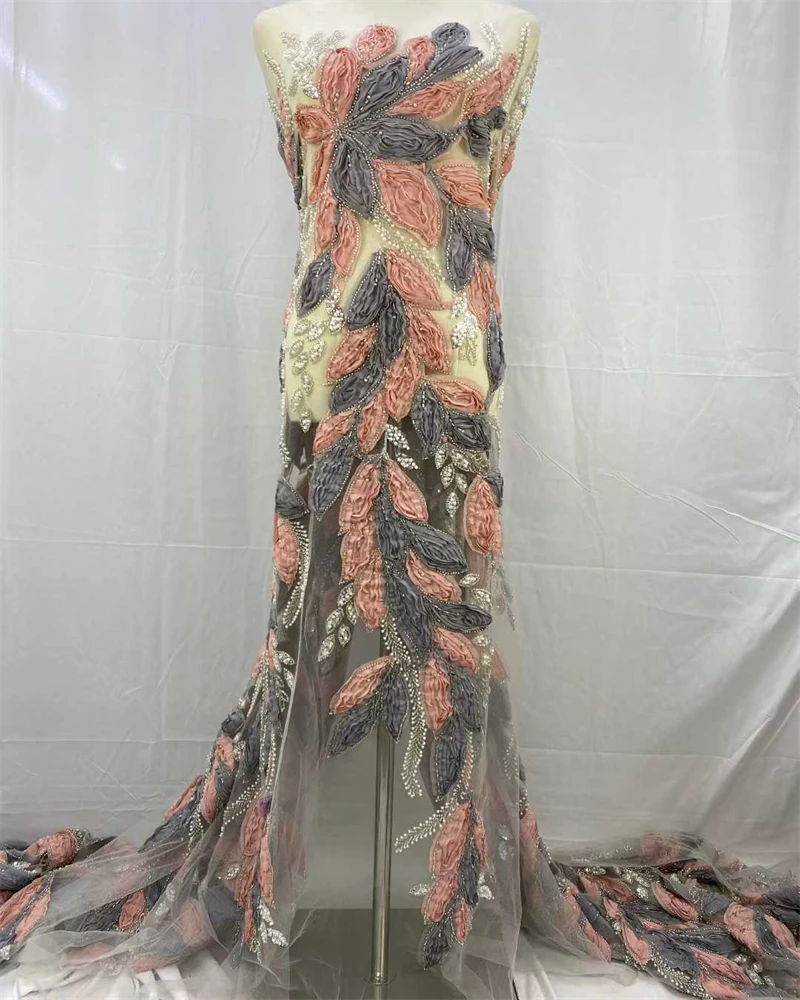 패션 우아한 프랑스어 3D 꽃 자수 메쉬 구슬 레이스 원단 웨딩 드레스에 대한 아프리카 나이지리아 스팽글 원단