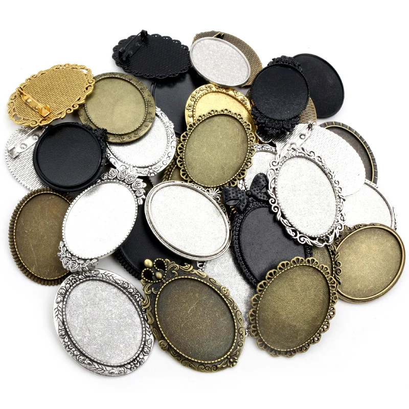 5pcs/lot 30x40mm Inner Size Vintage Floral Brooch Pins Antique Gold/Silver Plated Bronze Cabochon Blank Base Setting Bezel Tray