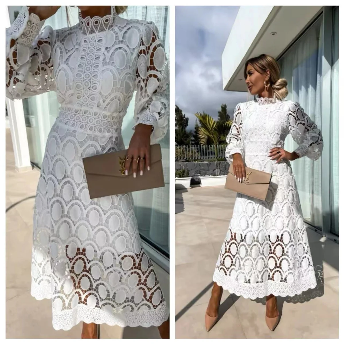 Señora elegante nuevo vestido de encaje Stand Collar linterna manga larga Vestidos ajustados cintura temperamento moda Oficina viaje ocio hogar