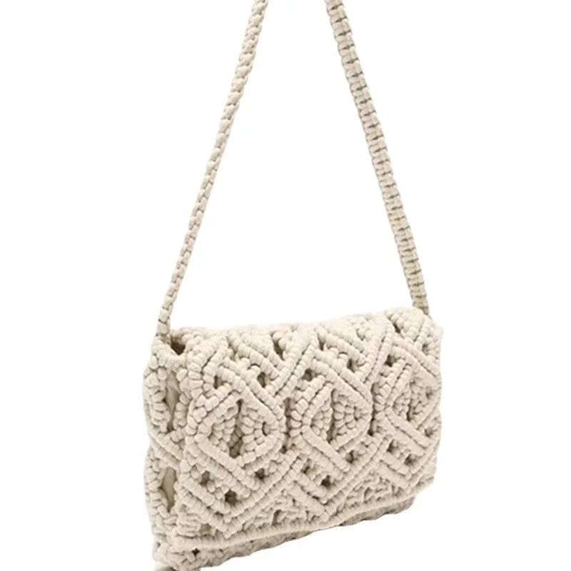 Rope Crochet Women Shoulder Bag Hollow Knitting Handbags Bohemian Woven Flap Handmade Square Tote Female Shopper Purses Clutch