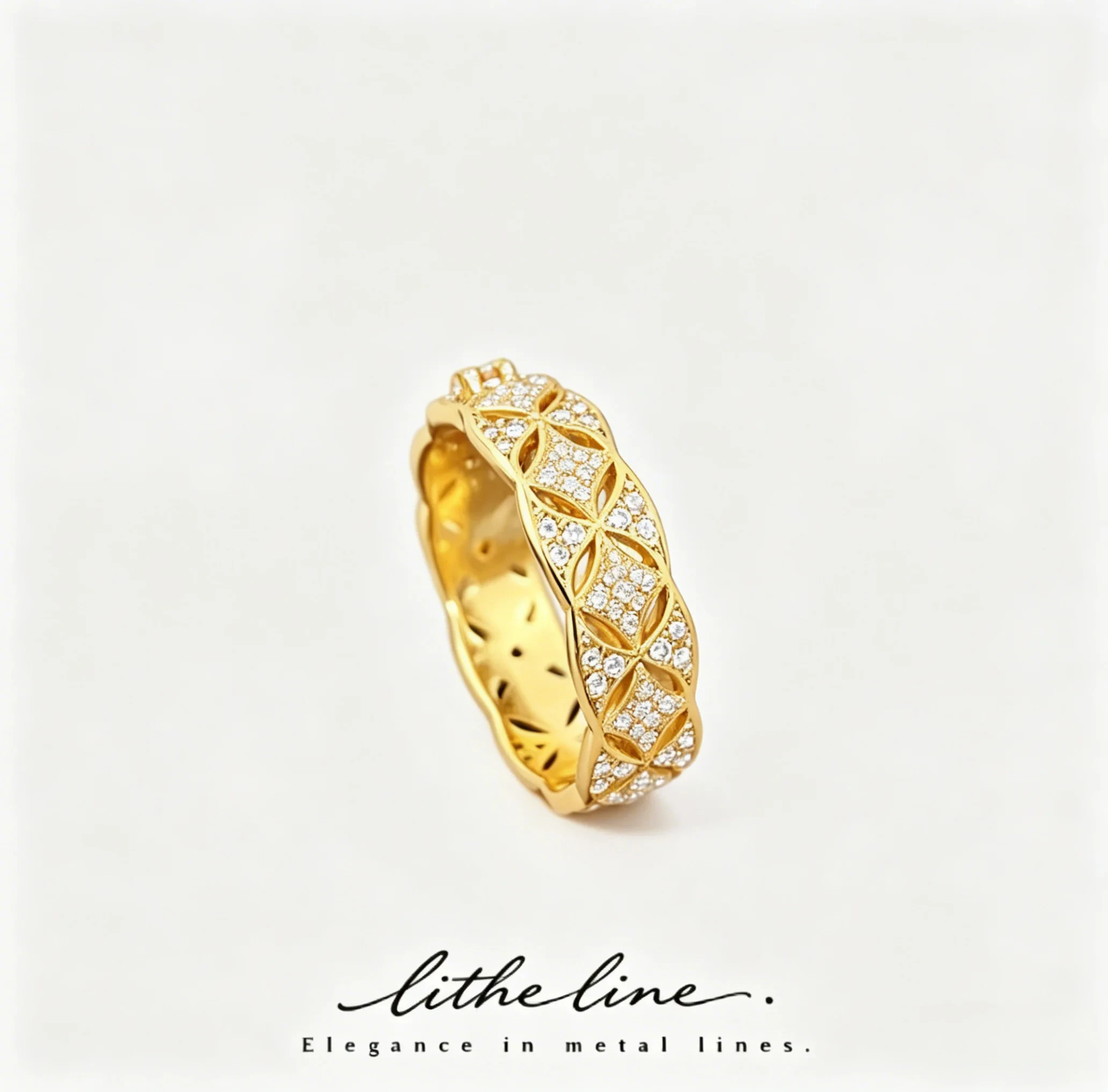 Litheline Vintage Quilted ring Women, 18K Gold Plated Brass Sparkling CZ Band, Retro Elegant Stackable Finger