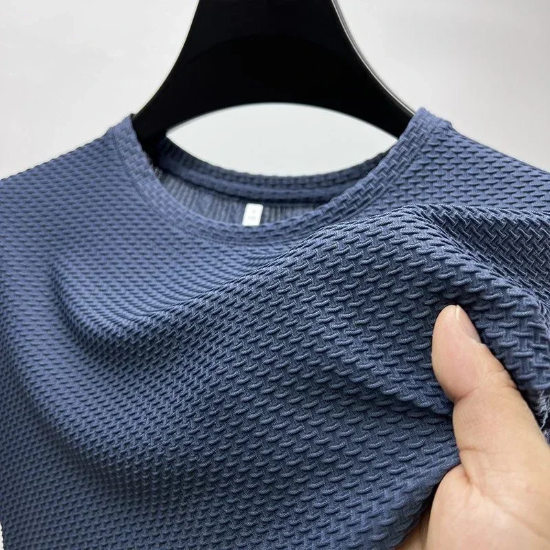 Summer Ice Silk High-End Solid Color High Quality Short Sleeve T Shirts Men's Breathable Fashion T-Shirt Male Brand Clothes 6XL