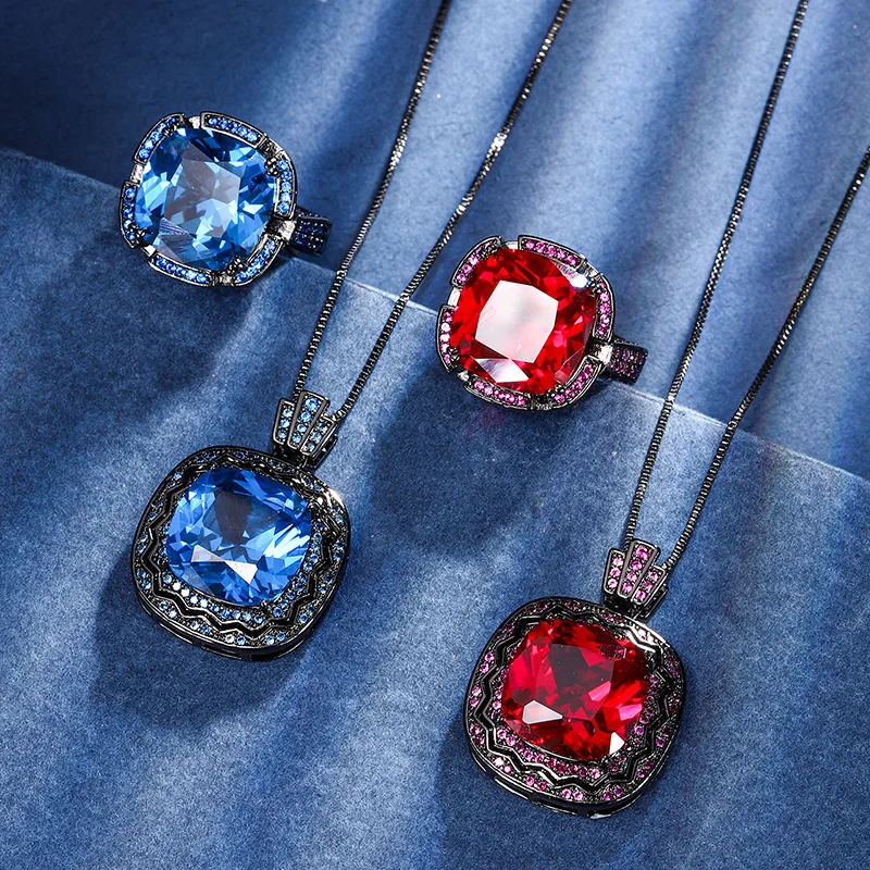 

Jewelry with copper base, gold-plated, colored gemstone corundum, high-end set for women, 14*14