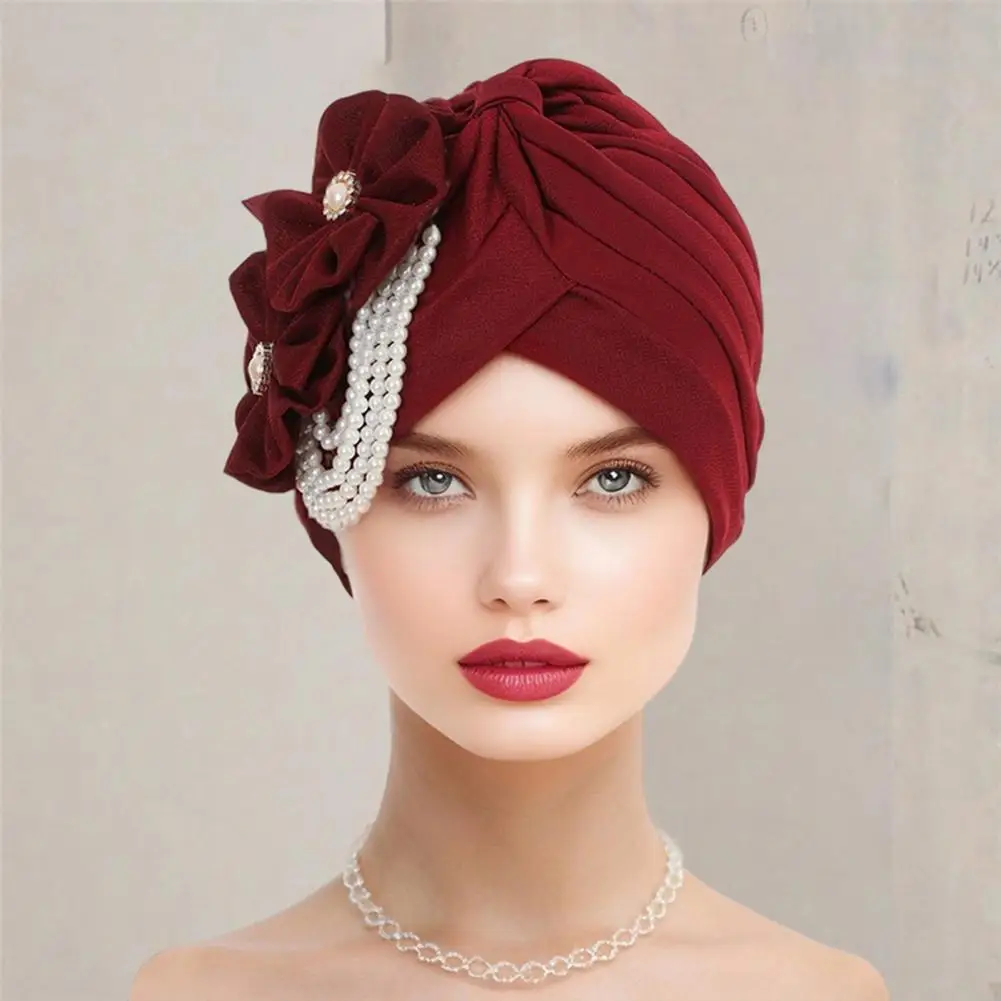 

Черная женская шапка-платок, женская повязка на голову, элегантная женская шапка-платок с искусственным жемчугом, цветочный декор, эластичная повязка на голову