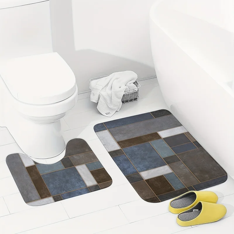 Rug Set of 2 (Thickened 600g High Resilience Foam), Patchwork Style Patterns, Bathroom Non-Slip Mats, Absorbent Microfi