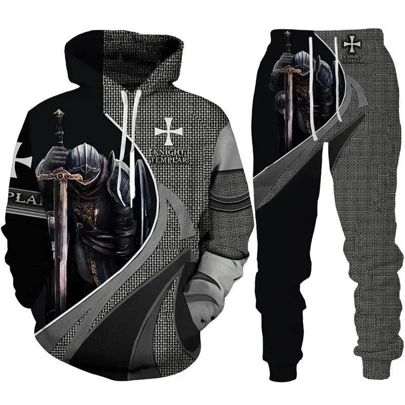 Men's Hoodie Suit 3D Printing Retro Knight Templar Armor Men's Hoodie Casual Sportswear Sweatpants Two-Piece Suit