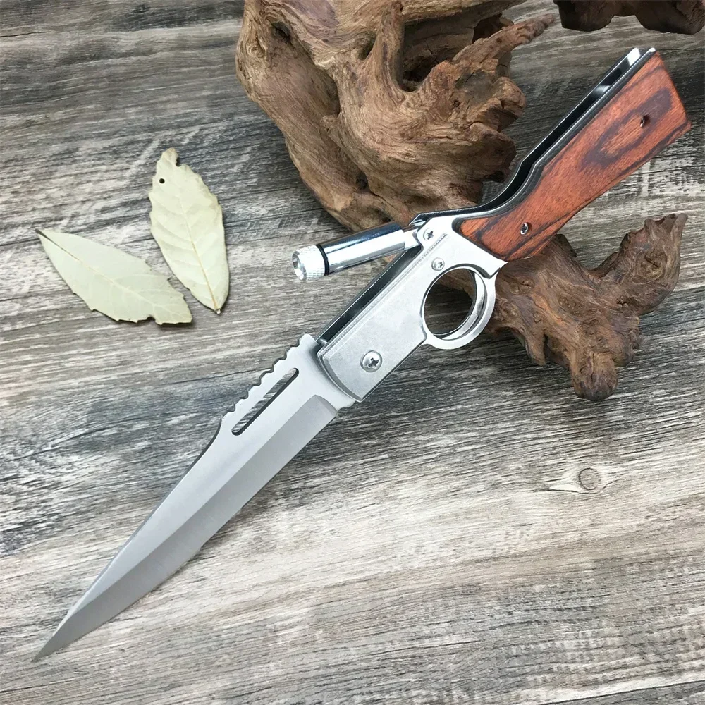 Hunter with Light AK Folding Knife Sharp 5C13Mov Blade Wooden Handle Practical Outdoor Rescue Tactics EDC Survival Camping Tool