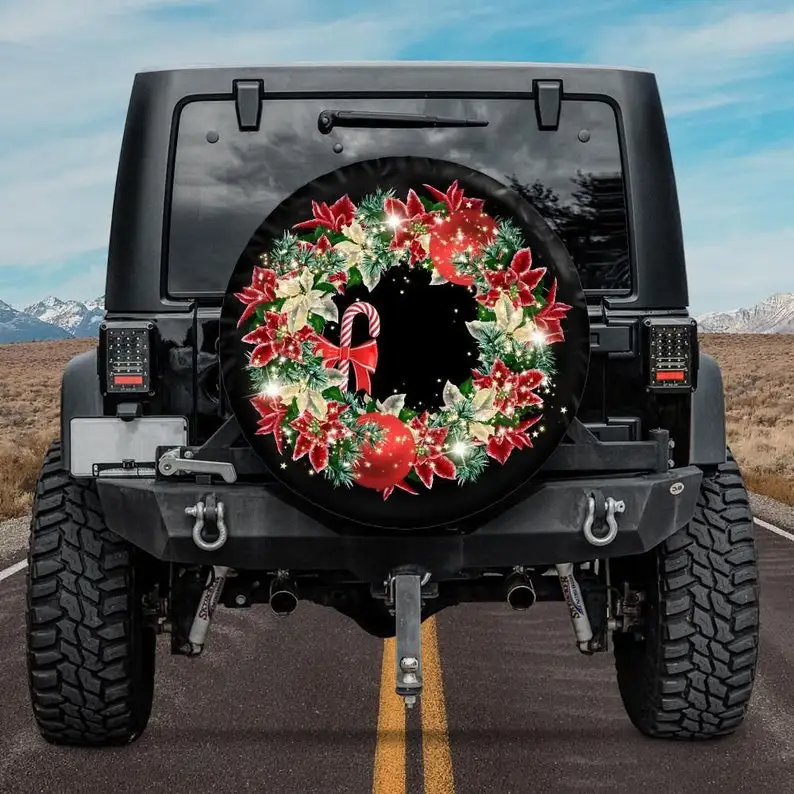 Amaryllis Christmas Wreath Spare Tire Cover, Backup Camera, Xmas Tire Cover, Christmas Car Accessories for jeeps, Rear camera ti