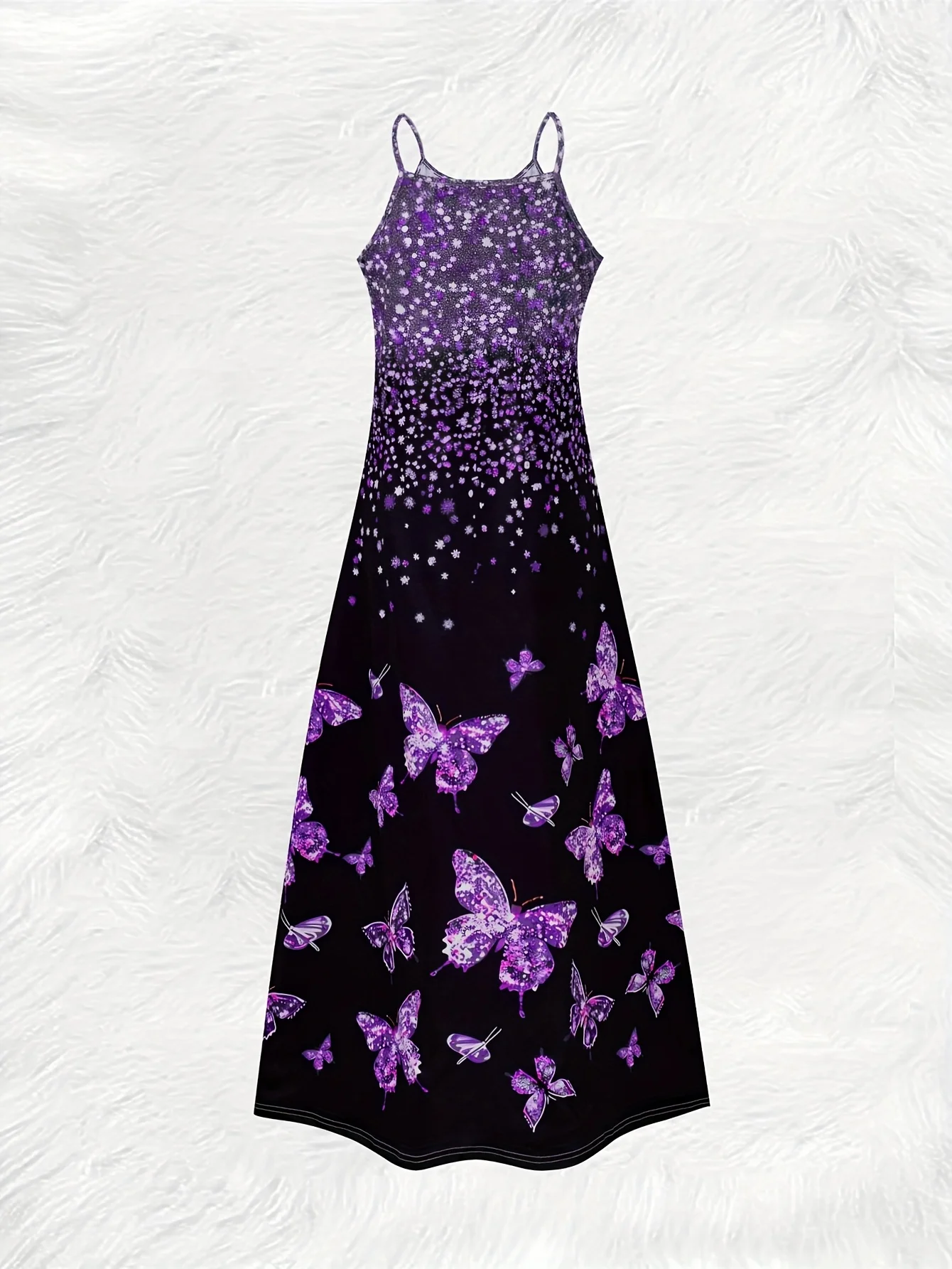 This round neck spaghetti strap maxi dress features a dazzling purple glitter butterfly print on a sleek black base. Soft and fl view 2