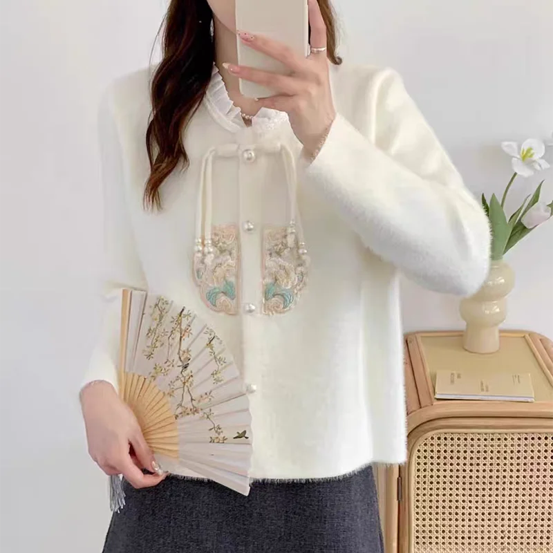 Chinesischen Stil Stickerei Strickjacke Neue Frauen Falsche Nerz Kaschmir Jacke Herbst Winter Weibliche Elegante Spitze Kragen Strickwaren Mantel