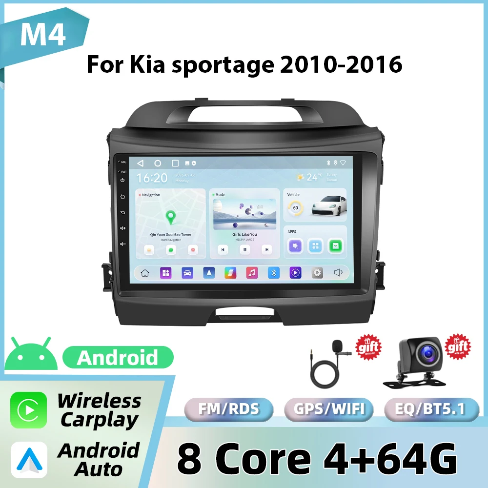 Podofo 9'' autoradio voor Kia Sportage 2010-2016 met draadloze CarPlay, Android Auto, multimediasysteem, WIFI, GPS, FM/RDS, BT head unit