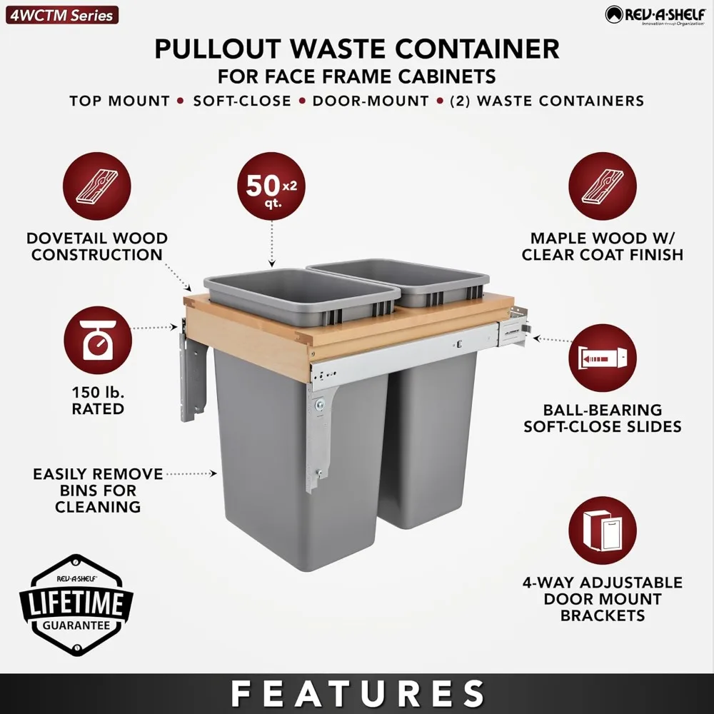 Double Pullout Kitchen Trash Cans 50 Quart Capacity with Soft-Close Feature for Full Height Cabinet, Supports 150 Pounds