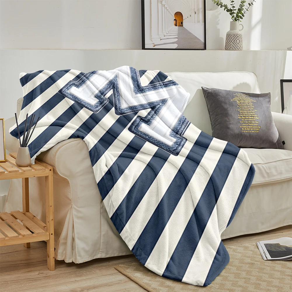 Letter M Stripes Navy Lightweight Flannel Blanket Breathable Cozy Throw Blanket for Spring Summer Sofa Bed Air Conditioning