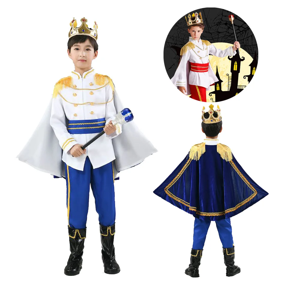 

Роскошный костюм принца для мальчиков, полный комплект с короной, накидка со скипетром, туника, брюки, пояс, чехлы для обуви для вечеринки на Хэллоуин
