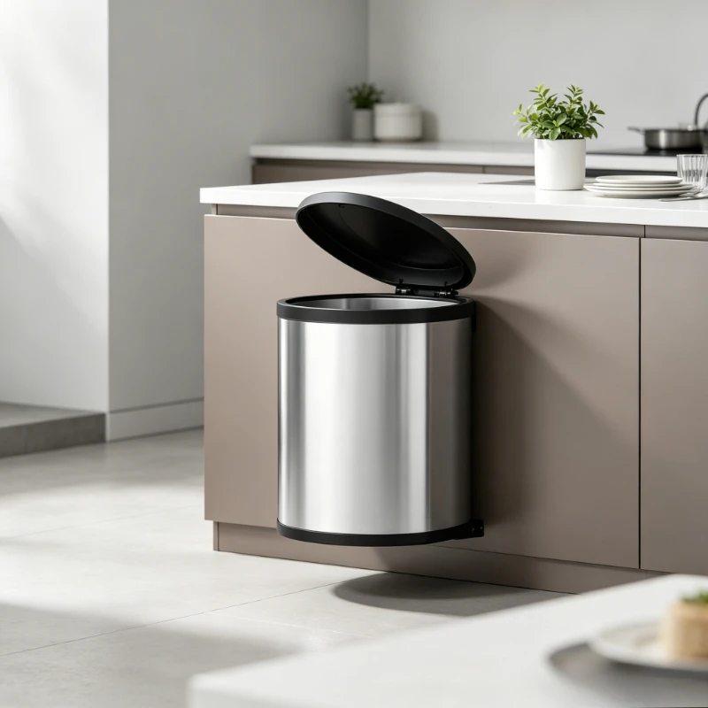Concealed Under-sink Trash Can, Cabinet Sync Open Lid Garbage Container, Built-in Silent Bin with Ventilated Bottom for Hygiene.