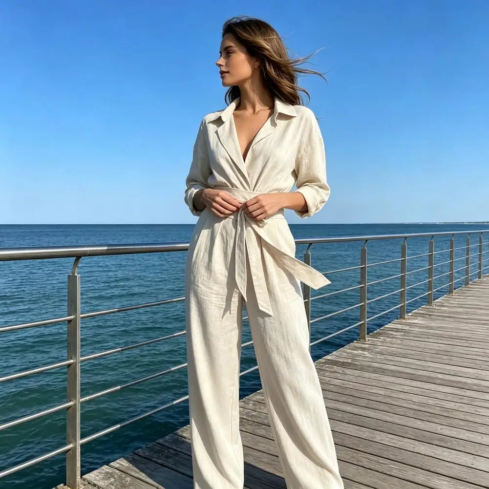 Collared Long Sleeves Jumpsuit Women V Neck Jumpsuit with Belt Collared Long Sleeve Romper Solid Color Wide Leg Pants for Fall