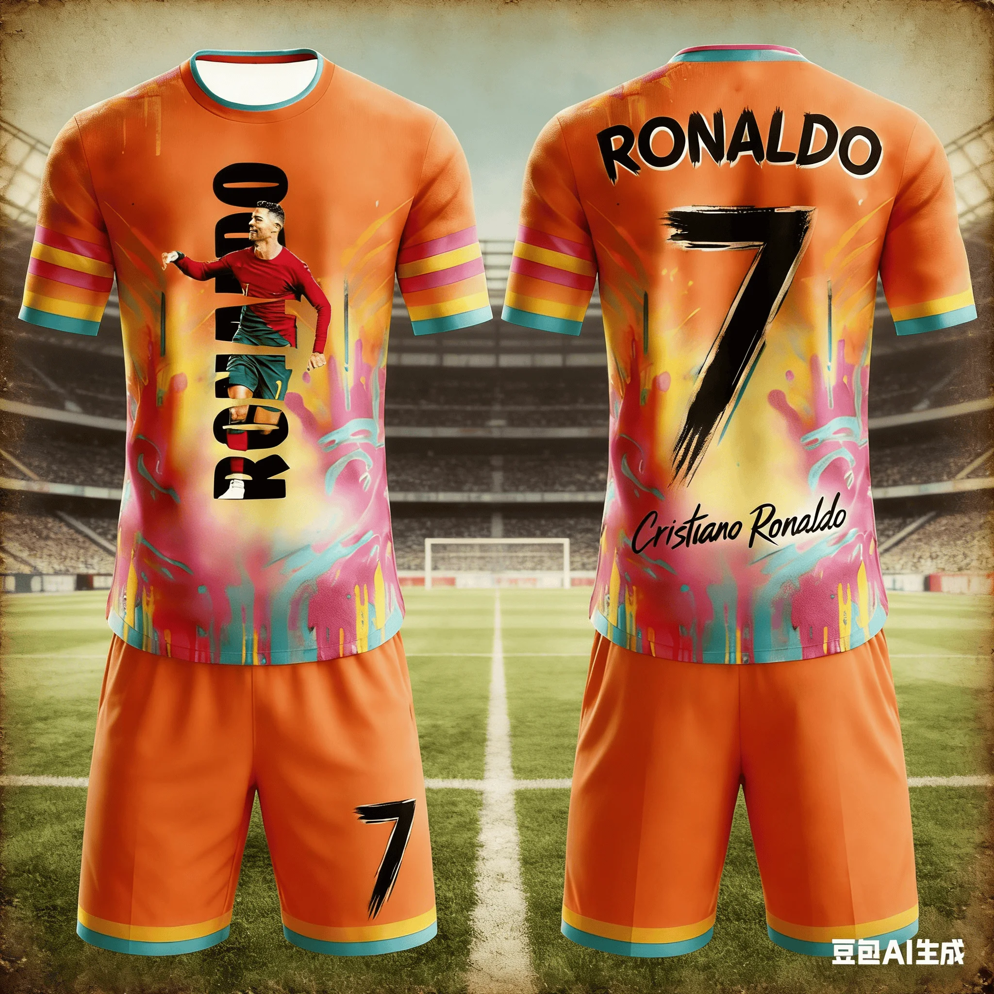 

#Ronaldo No.7 # Men's and Women's Graffiti Printed T-shirt Shorts Football Sports Set Loose Quick Drying Summer New Style Kids