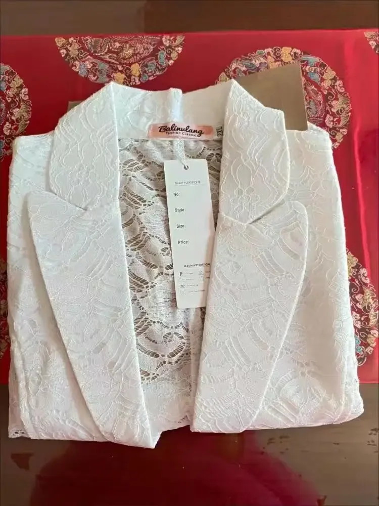 Women Fashion White Short Slim Blazer Hollow Lace Jacket Three Quarter Sleeve Casual  Office Ladies Work Wear