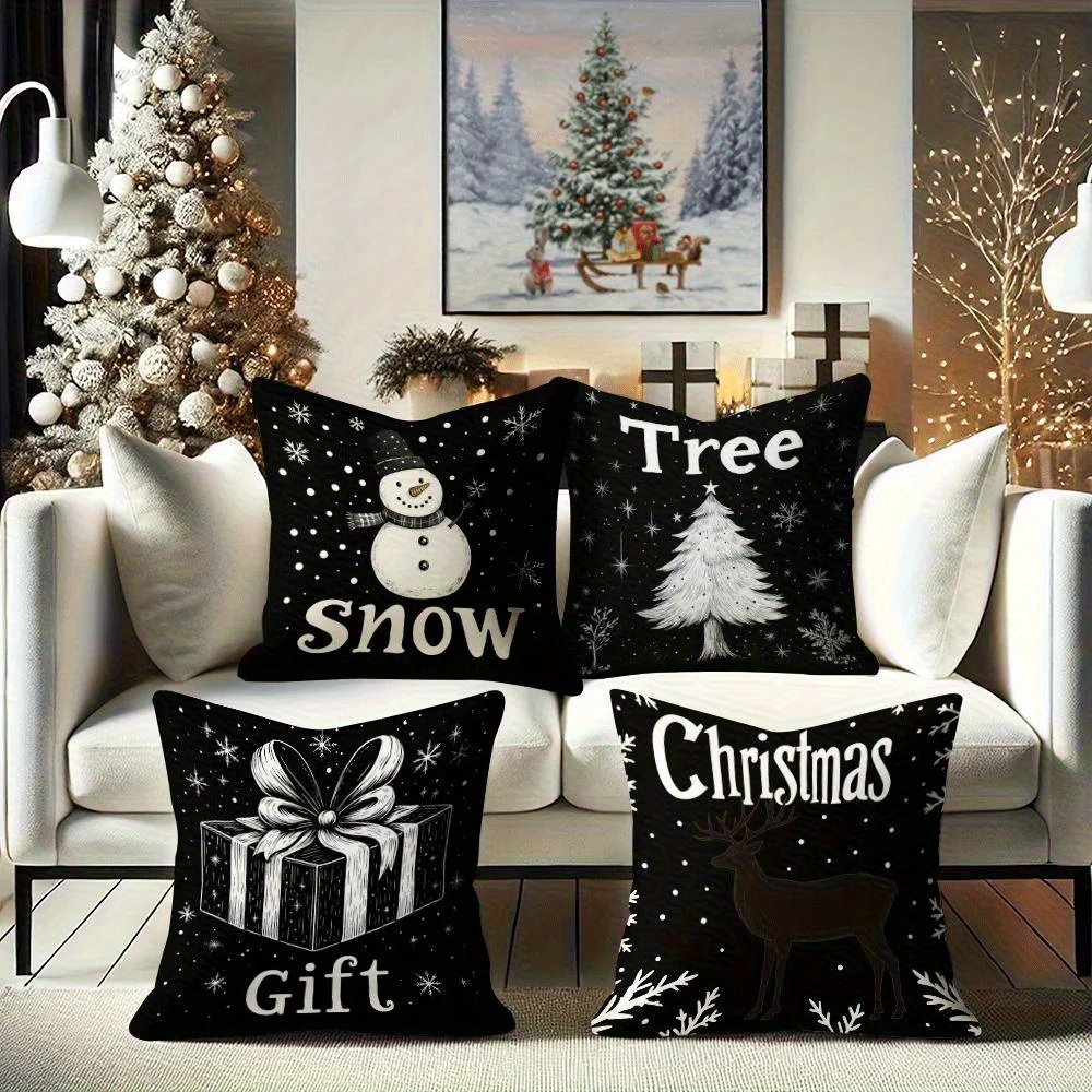 4pcs Minimalist Black Christmas Pillow Covers – Tree,Snowman & Farmhouse Design, Cozy & Stylish for Outdoor or Indoor Sofa Decor