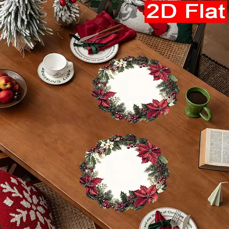 VIKAMA Xmas Poinsettia Evergreen Wreath Placemat White Backdrop Scalloped Edge Red Blossom Holly Leaf Berry Festive Table Mat