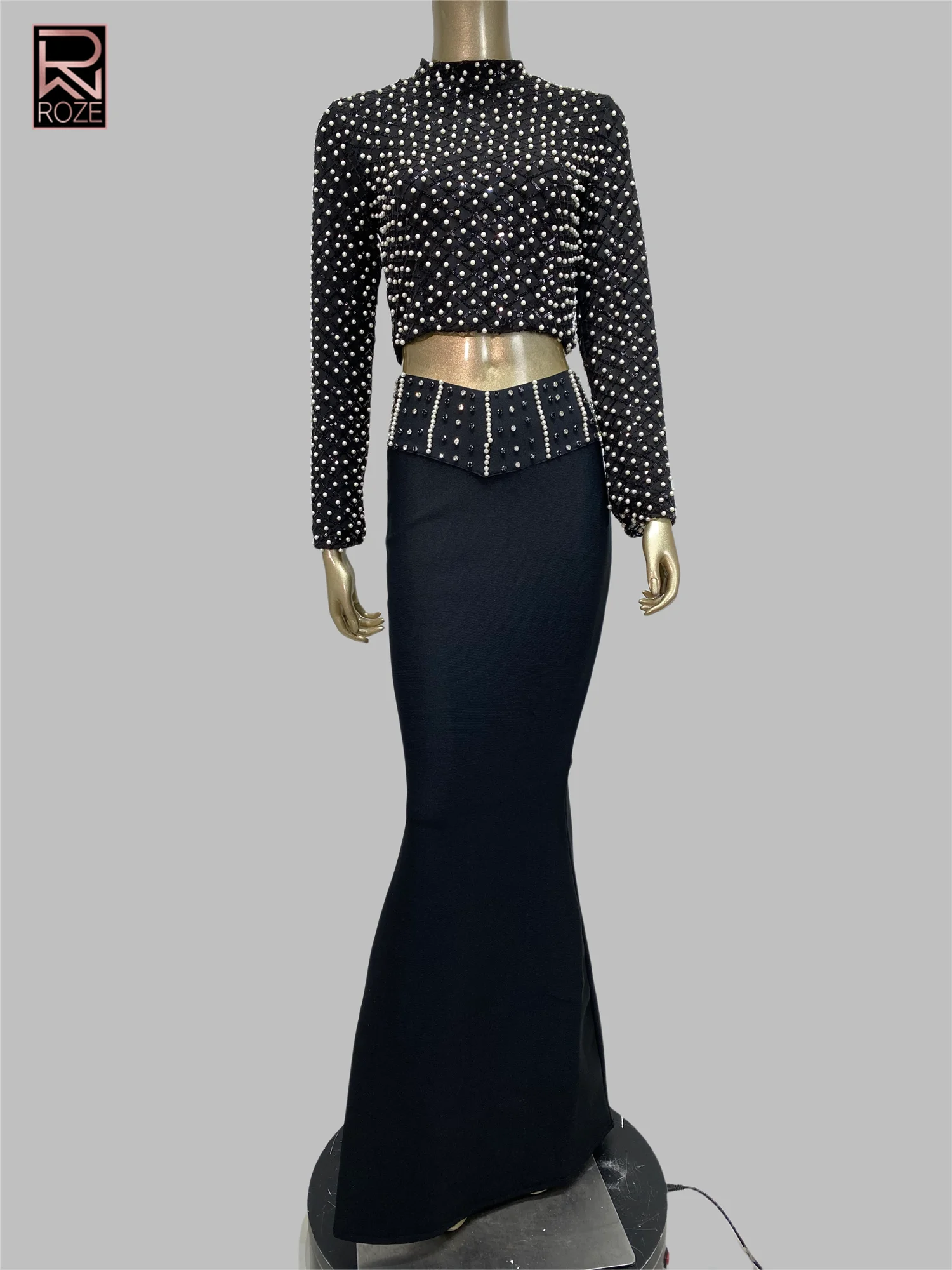 

Women Luxury Pearl Sequin Embroidery Bandage Outfits Dress Long Sleeve Crop Top Long Flare Skirt 2 Pieces Set Evening Party