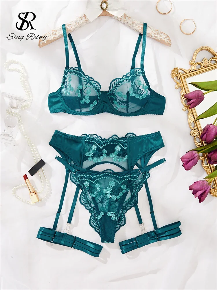 

SINGREINY Embroidery Mesh Sexy Lingerie Suits Women Garter Transparent 4 Pieces Sets Ladies Floral Underwear Shapewear Sets
