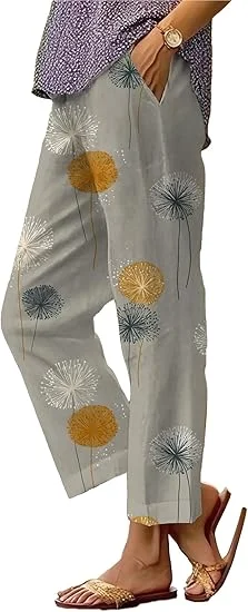 

Summer Linen Pants for Women Wide Leg Boho Pants Loose Palazzo Pants Floral Pants with Drawstring and Pockets