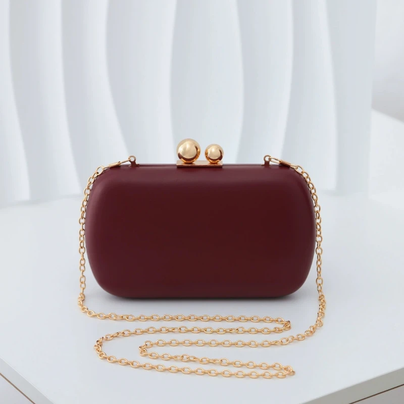 Dimple Design Burgundy Matte PU Clutch Bag Elegant Ladies Formal Party Evening Handbag Double Gold Ball Lock Hard Case Purse