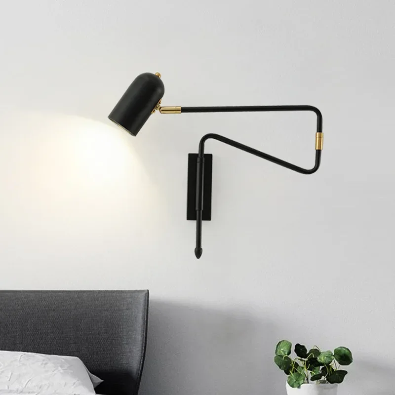 

Industrial Adjustable Long-Arm retractable wall lamp Creative with switch Reading Bedside E27 lights Fexible Folding Black Gold