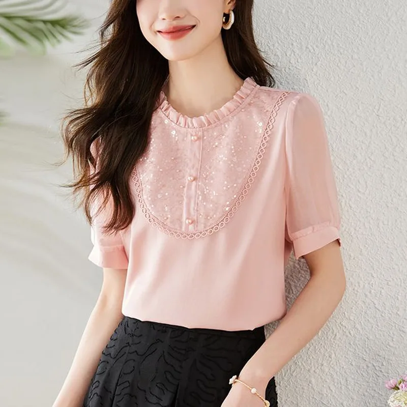 Elegant Solid Color Summer Loose Blouse Women Short Sleeve Fungus Side O-collar Pearl Button Decoration Pullover Shirt 2023