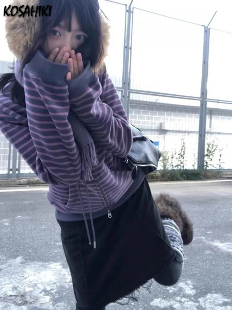 Otoño Vintage raya suelta Harajuku Sudadera con capucha 2025 Y2k estética mujeres sudaderas con cordón ropa de calle Grunge cremallera sudadera Tops