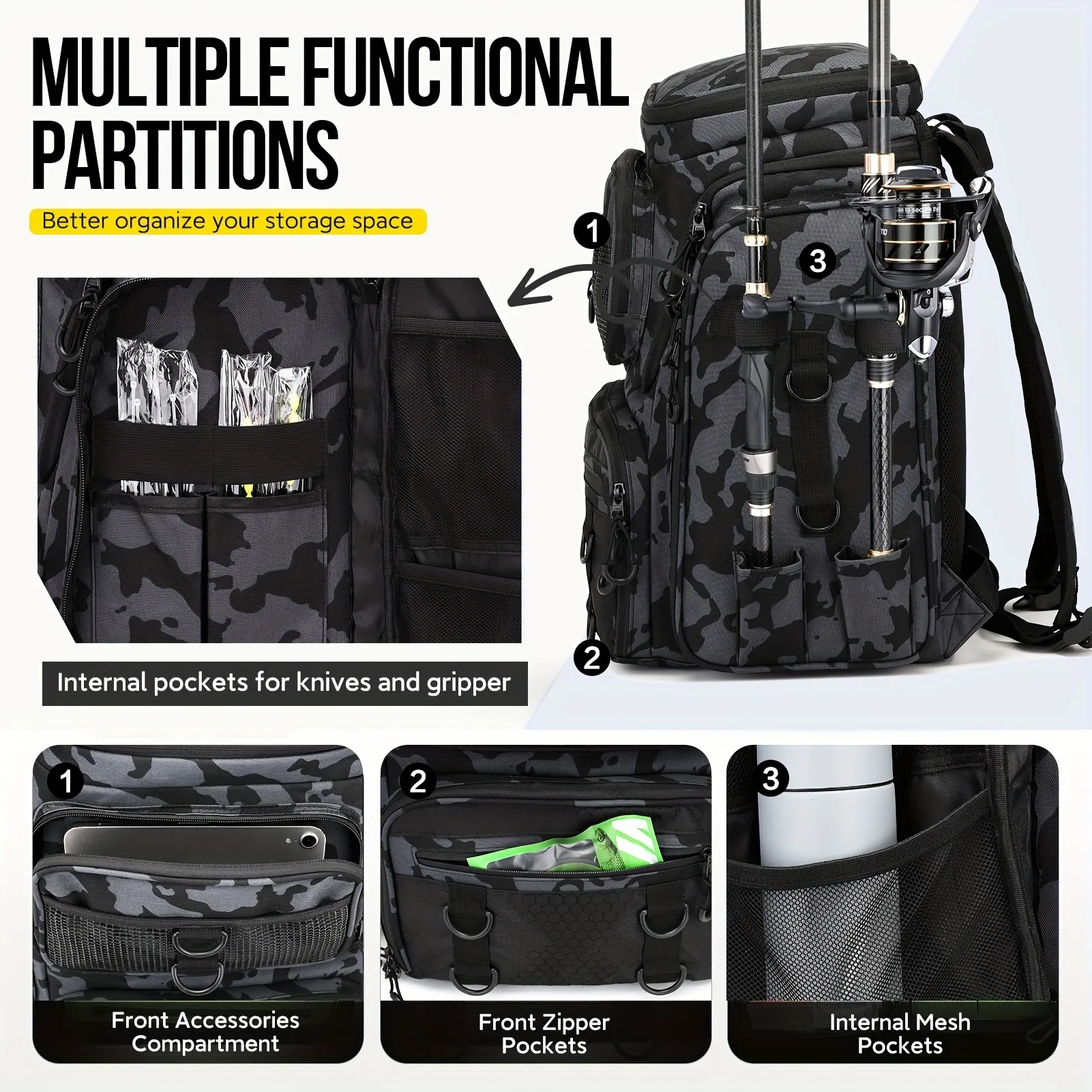 42L Multifunktionale Angeltasche, Große Angelruten-Tasche, Angel-Aufbewahrungsrucksack, Angelzubehör-Rucksack – Detail 14