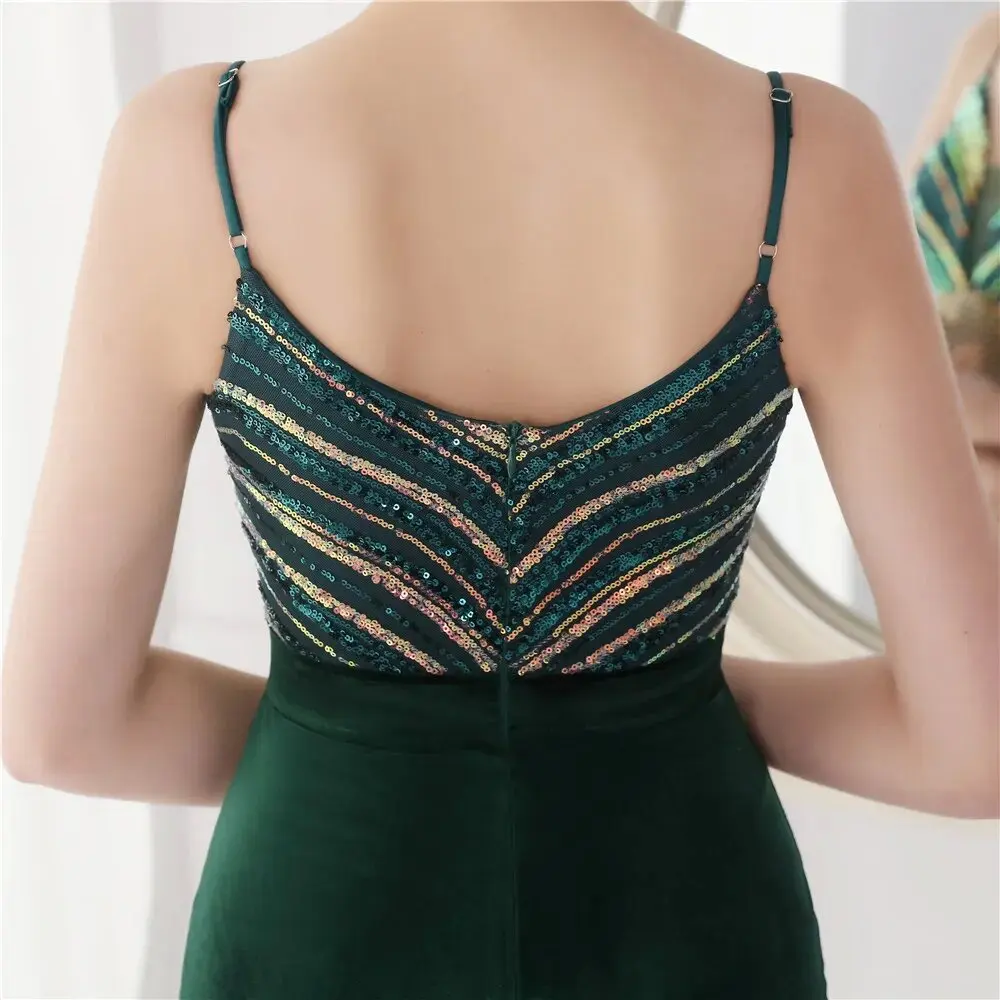 Green Long Mermaid Dress Evening Stretch Velour Sequins Floor Length Backless Charming Wedding Party Women Formal Gowns In