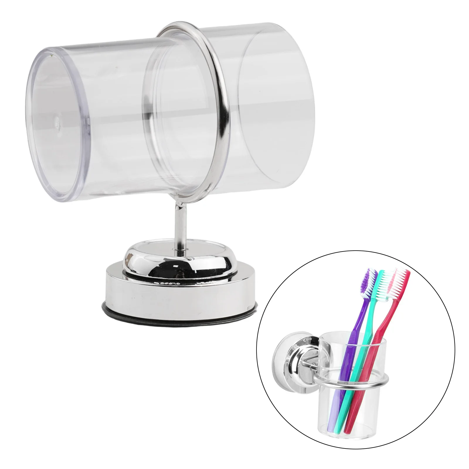 Stainless Steel Suction Cup Toothbrush and Tumbler Holder for Bathroom Wall Mounting with Hygienic Design and Plastic Cup