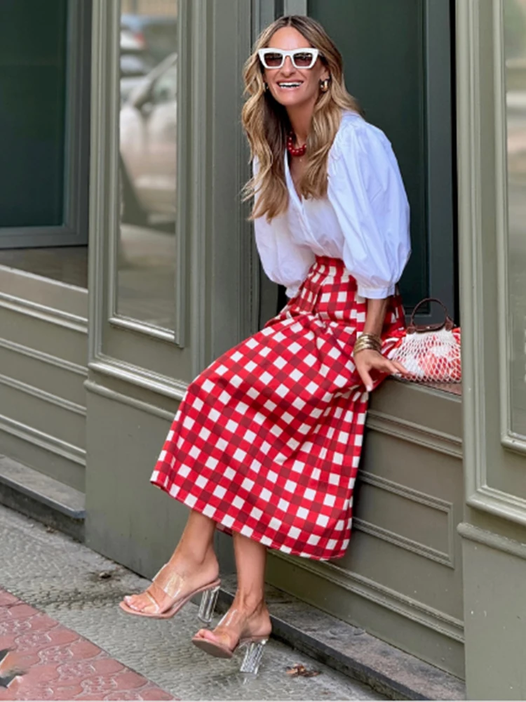 

Chic Women's Red White Gingham Print High Waist Midi Skirt Flared A-Line Retro Casual Daily Streetwear Bottoms